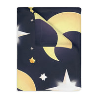 Blanket, Gold Moon and Stars Print, Soft Velveteen Microfiber Throw, Celestial Home Decor, Cozy Bedroom Accent, Night Sky Galaxy Design,