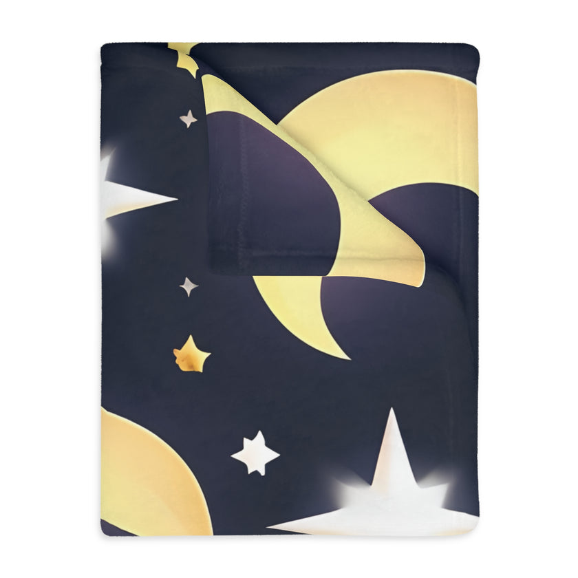 Blanket, Gold Moon and Stars Print, Soft Velveteen Microfiber Throw, Celestial Home Decor, Cozy Bedroom Accent, Night Sky Galaxy Design,
