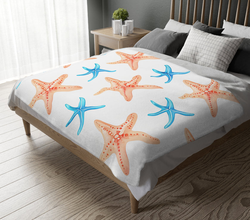 Blue Orange Ocean Sea Star Fish Velveteen Microfiber Blanket (Two-sided print)
