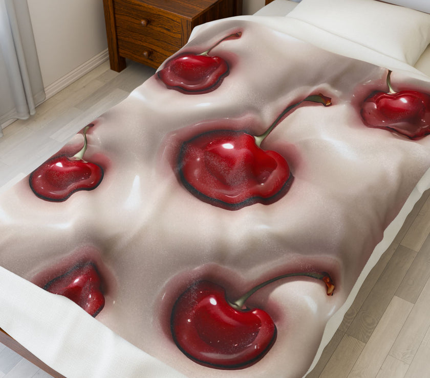 Cherries Plush Blanket, Red Cherry Throw Blanket, Cozy Bedding Decor, Fleece Bedroom Blanket, Cherry Lover Gift, Winter Warm Blanket