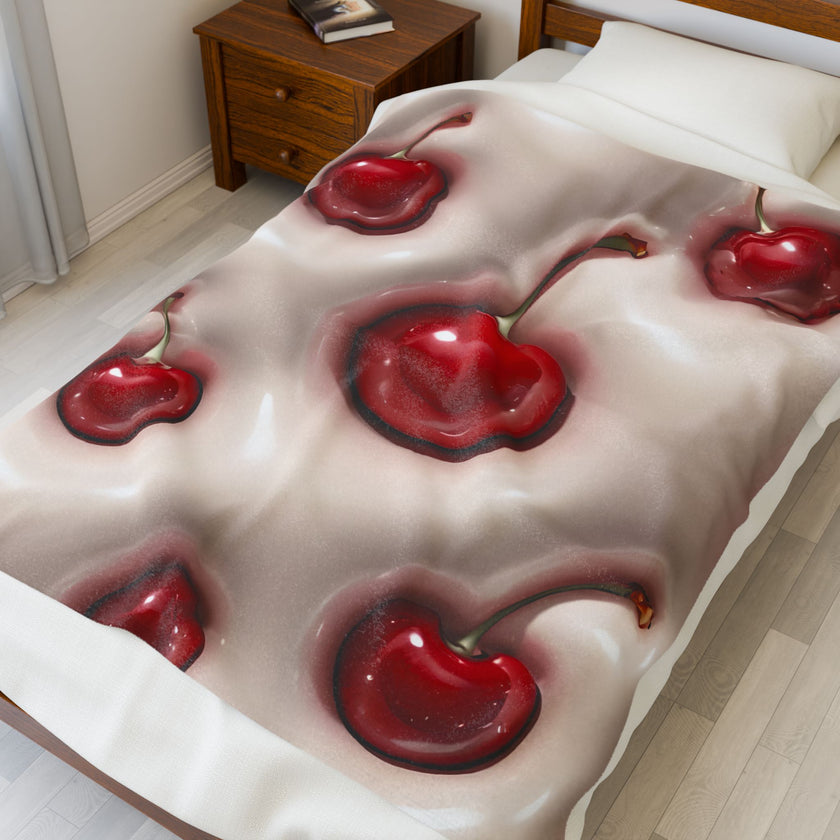 Cherries Plush Blanket, Red Cherry Throw Blanket, Cozy Bedding Decor, Fleece Bedroom Blanket, Cherry Lover Gift, Winter Warm Blanket