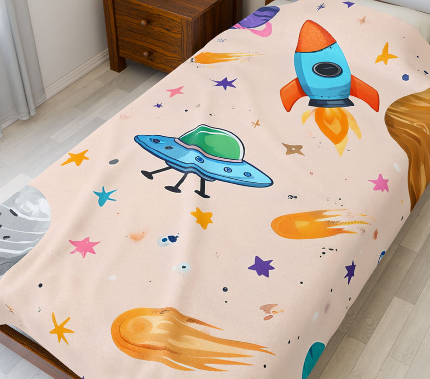 Kids Space Ship Rocket Moon Velveteen Plush Blanket - Children's Bedroom Decor, Outer Space Theme, Galaxy Nursery Bedding, Celestial Throw