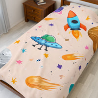 Kids Space Ship Rocket Moon Velveteen Plush Blanket - Children's Bedroom Decor, Outer Space Theme, Galaxy Nursery Bedding, Celestial Throw