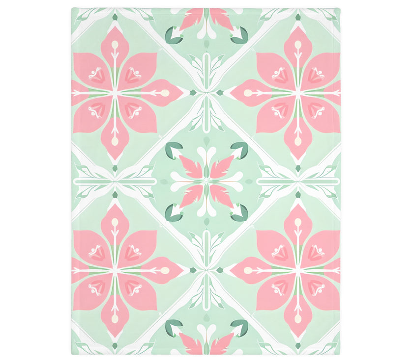 Green Pink Floral Velveteen Microfiber Blanket (Two-sided print)
