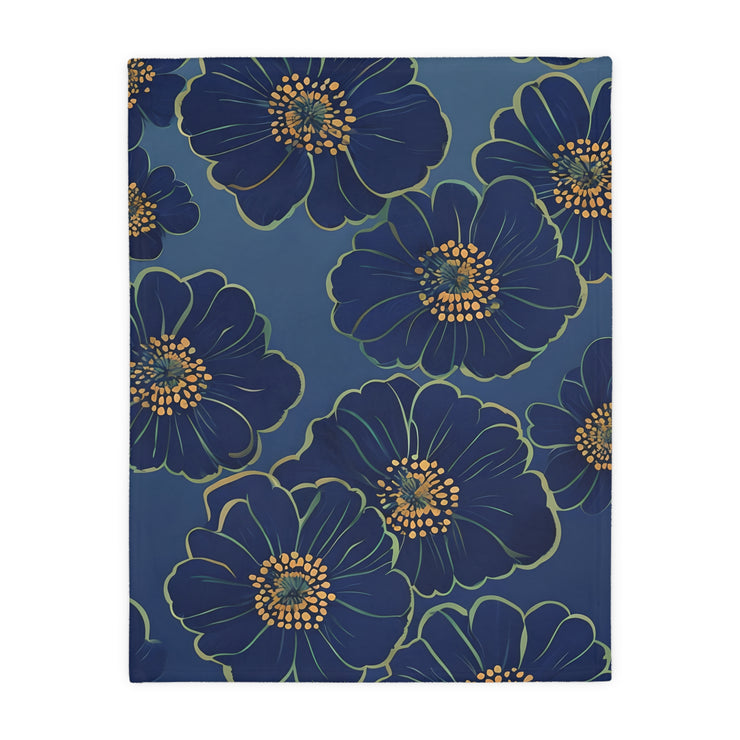Blanket, Cozy Velveteen Microfiber Two-Sided Print Blue Floral Design - Throw, Bedding, Home Decor, Living Room Accent, Gift Idea