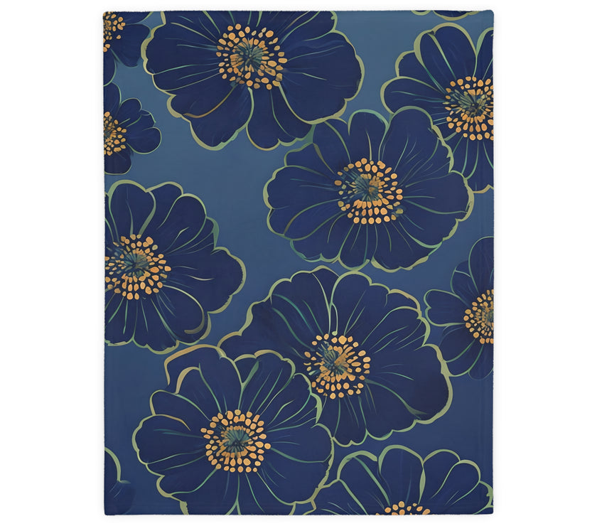 Blanket, Cozy Velveteen Microfiber Two-Sided Print Blue Floral Design - Throw, Bedding, Home Decor, Living Room Accent, Gift Idea