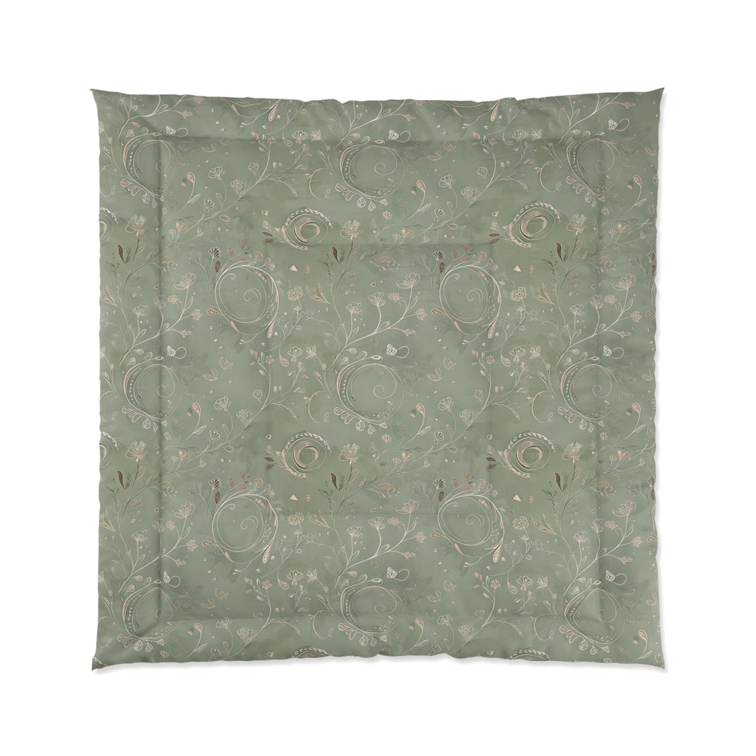 Boho Floral Comforter for Cozy Bedrooms, Vintage-Inspired Bedding, Home Decor, Gift for Her, Green Botanical Quilt