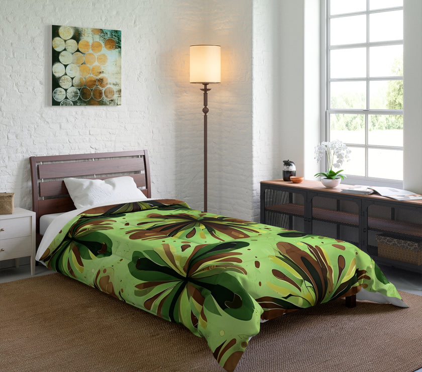 Eco-Friendly Floral Comforter, Nature-Inspired Bedding, Cozy Home Decor, Gift for Plant Lovers, Green and Brown Design