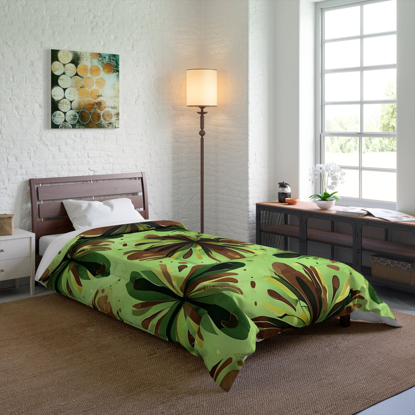 Eco-Friendly Floral Comforter, Nature-Inspired Bedding, Cozy Home Decor, Gift for Plant Lovers, Green and Brown Design