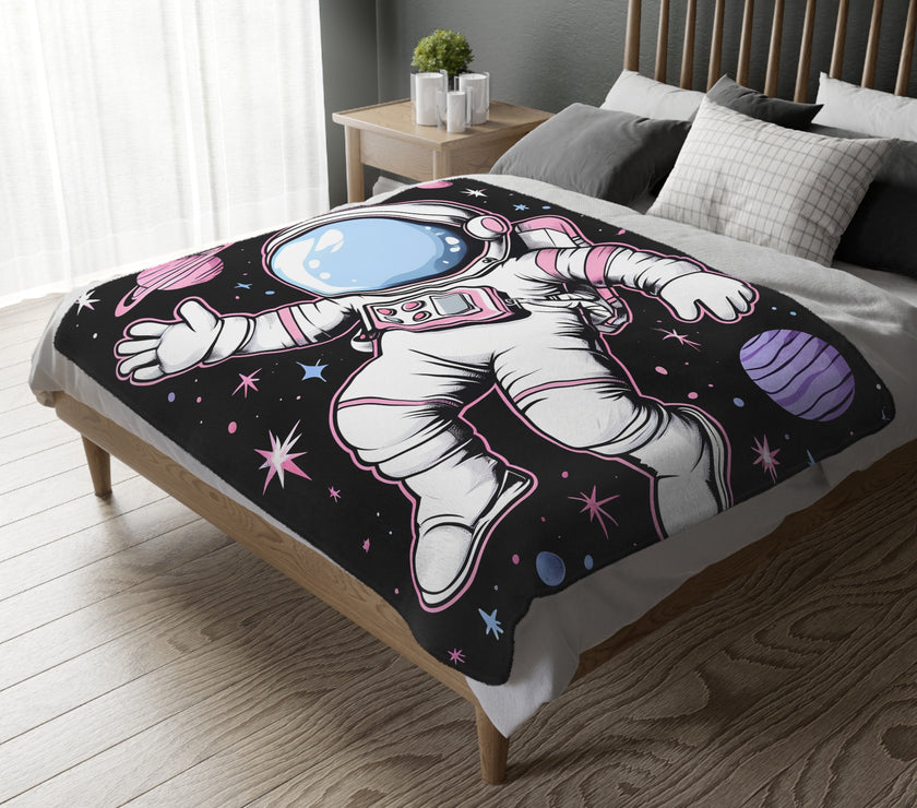 Kids Blanket, Astronaut Spaceman Print, Two-Sided Velveteen Microfiber Throw, Children's Bedroom Decor, Outer Space Theme Bedding, Galaxy