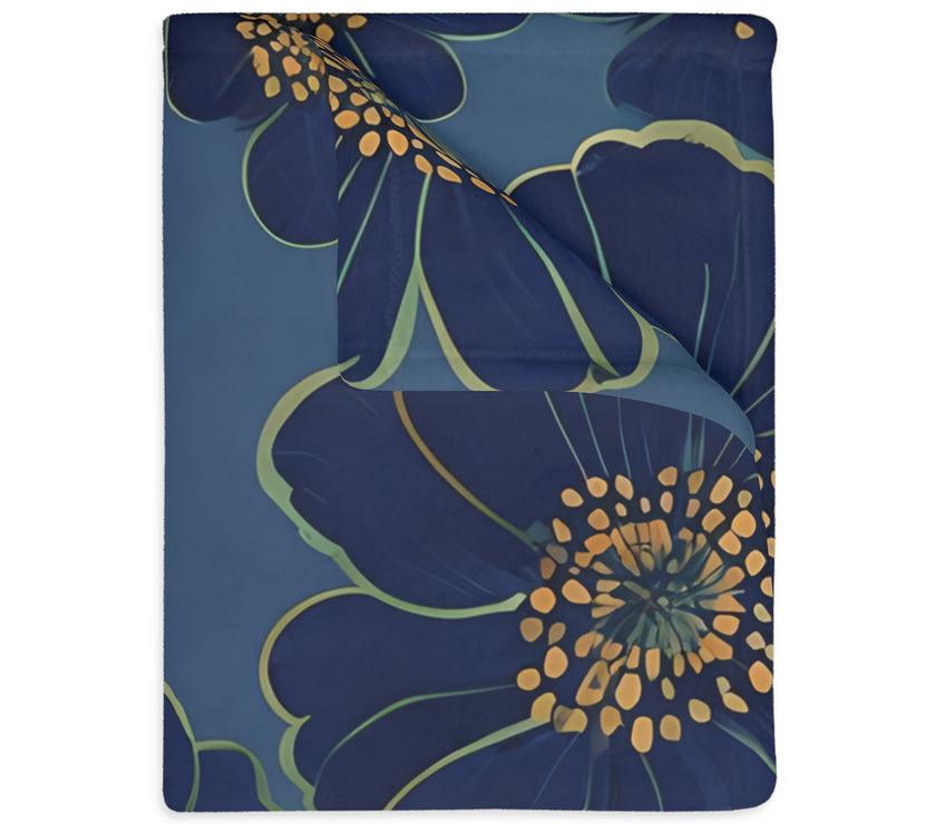 Blanket, Cozy Velveteen Microfiber Two-Sided Print Blue Floral Design - Throw, Bedding, Home Decor, Living Room Accent, Gift Idea