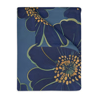 Blanket, Cozy Velveteen Microfiber Two-Sided Print Blue Floral Design - Throw, Bedding, Home Decor, Living Room Accent, Gift Idea
