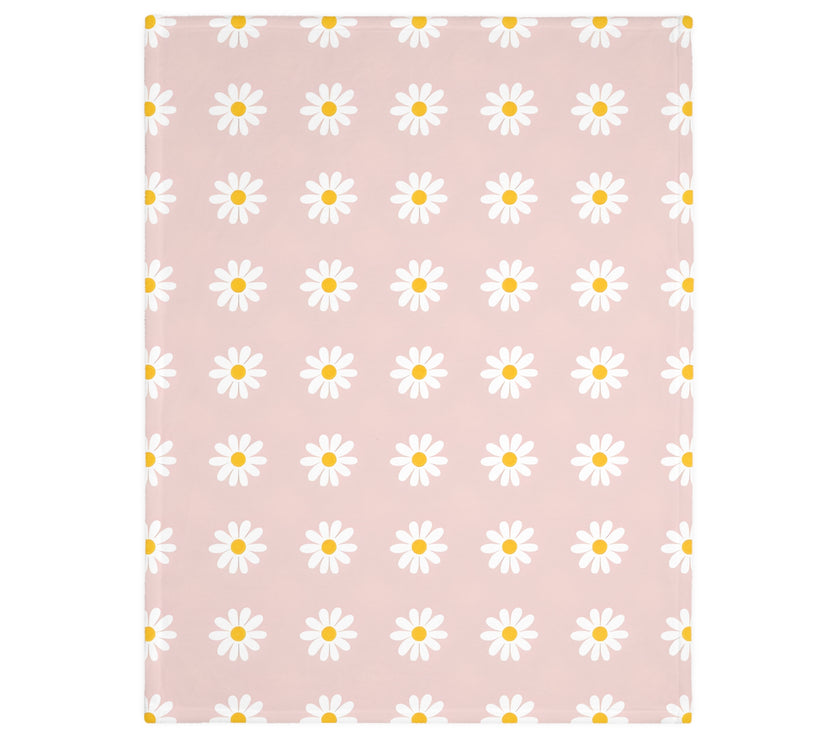Velveteen Microfiber Blanket, White Daises on Pink Floral Throw, Soft Fleece Bedding, Cozy Couch Decoration, Home Decor Gift, Lightweight