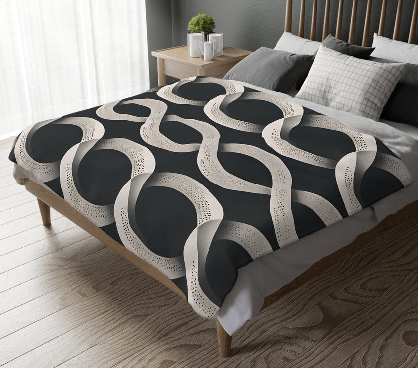 Black and White Wavey Pattern Velveteen Microfiber Blanket (Two-sided print)