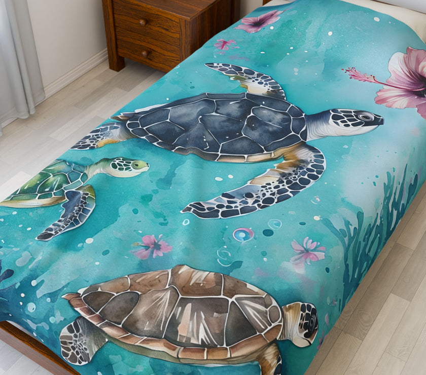 Velveteen Plush Blanket, Sea Turtle Kids Blanket, Kids Bedding, Ocean Themed Blanket, Children's Throw Blanket, Coastal Nursery Decor