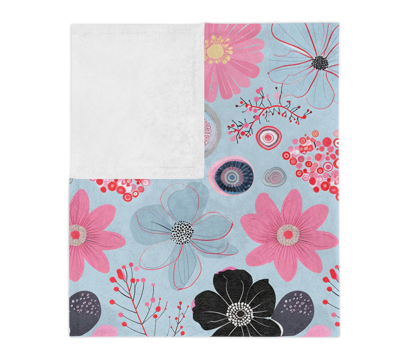 Blue, Pink Floral Velveteen Microfiber Blanket