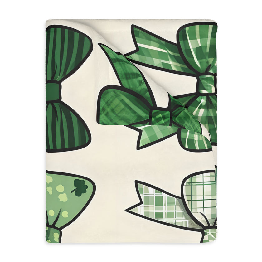 Velveteen Microfiber Blanket, Green Bow Blanket. Double-Sided Print, Soft Plush Throw for Cozy Nights, Christmas Blanket. Holiday Gift Idea,