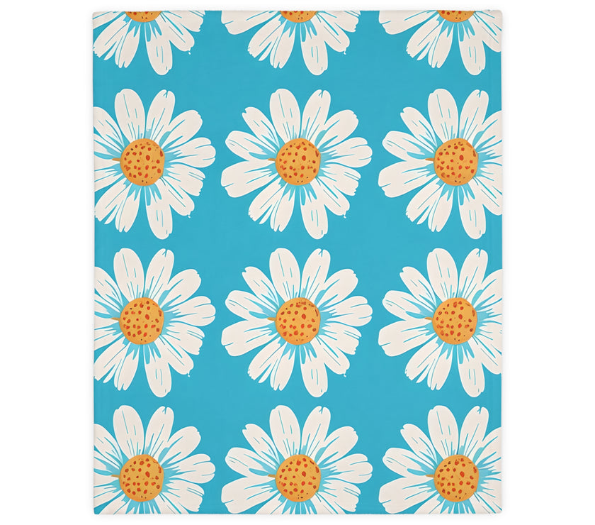 Velveteen Microfiber Blanket, White Daises on Blue Blanket, Floral Throw Blanket, Cozy Couch Blanket, Gift for Her, Home Decor Accent