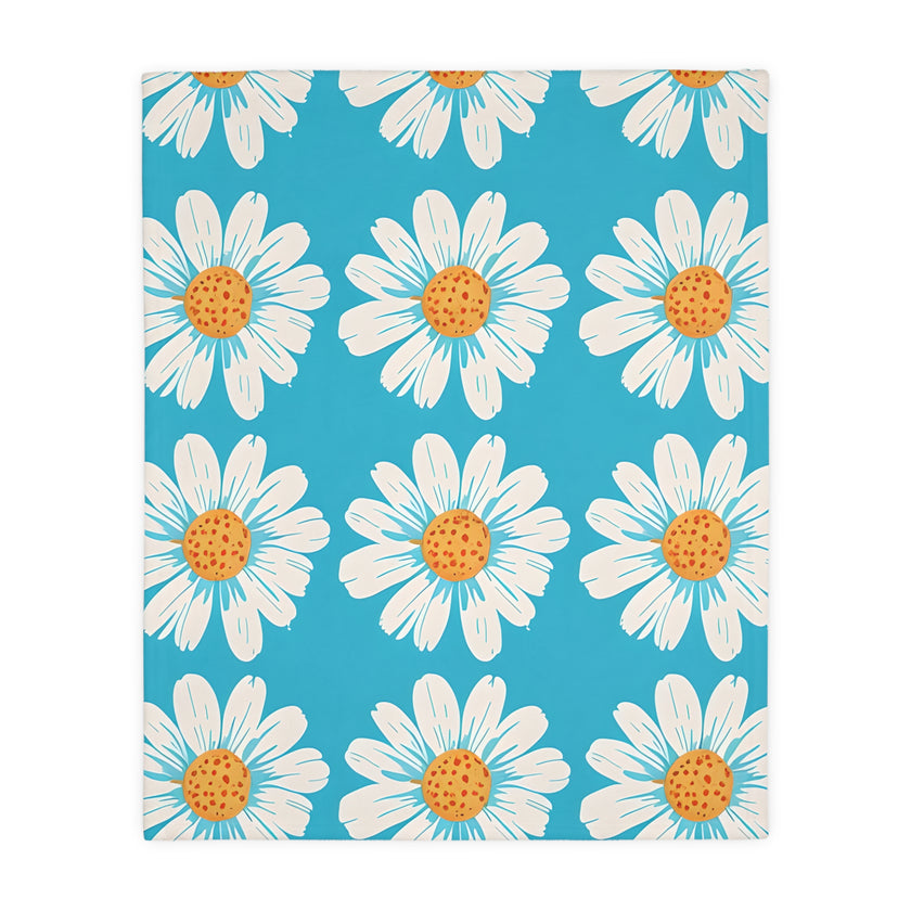 Velveteen Microfiber Blanket, White Daises on Blue Blanket, Floral Throw Blanket, Cozy Couch Blanket, Gift for Her, Home Decor Accent