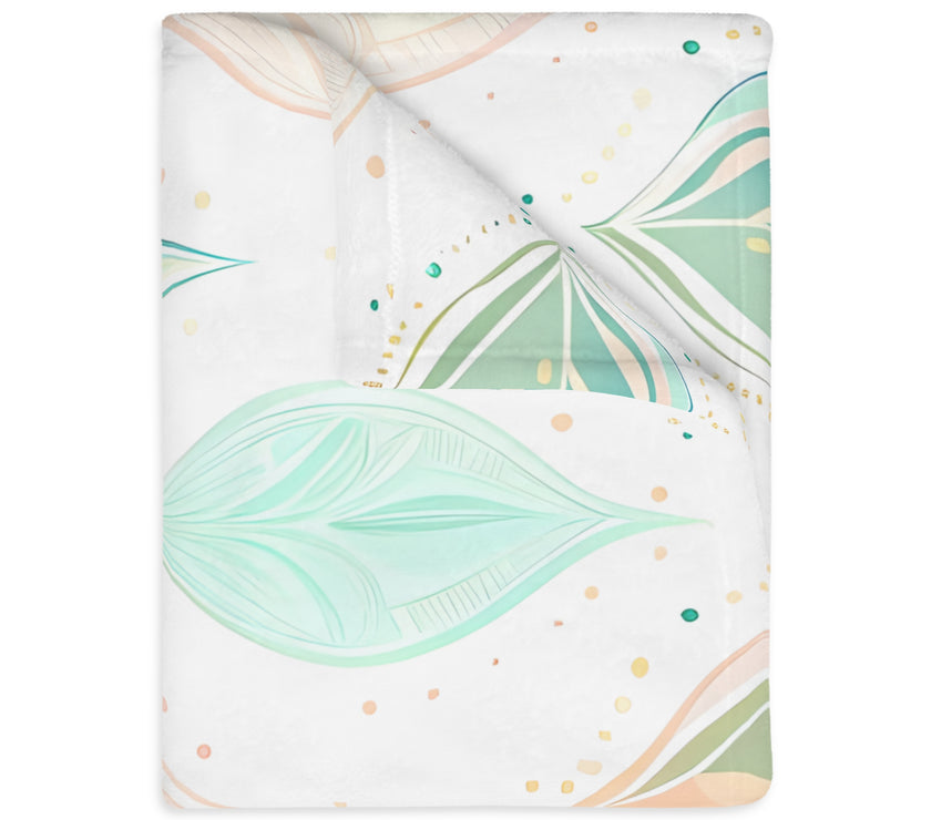 Velveteen Microfiber Blanket, Green Pink Leaf Blanket - Soft Plush Throw, Cozy Winter Bedding, Botanical Home Decor, Gift for Nature Lover,
