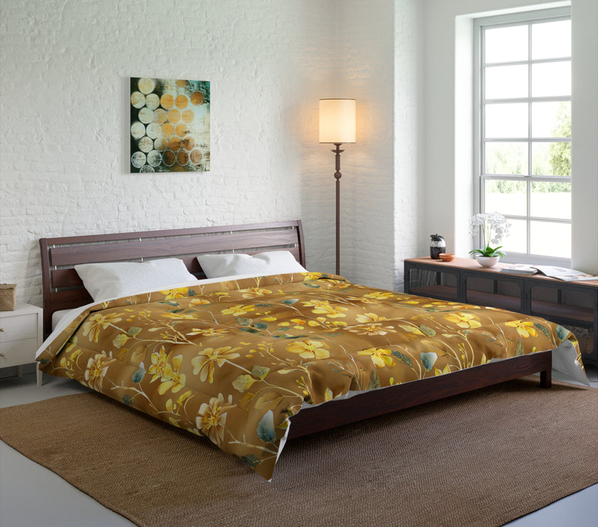 Floral Comforter, Cozy Botanical Quilt for Bedroom, Elegant Bedspread for Spring, Gift for Flower Lovers, Home Decor, Yellow Flower Bedding