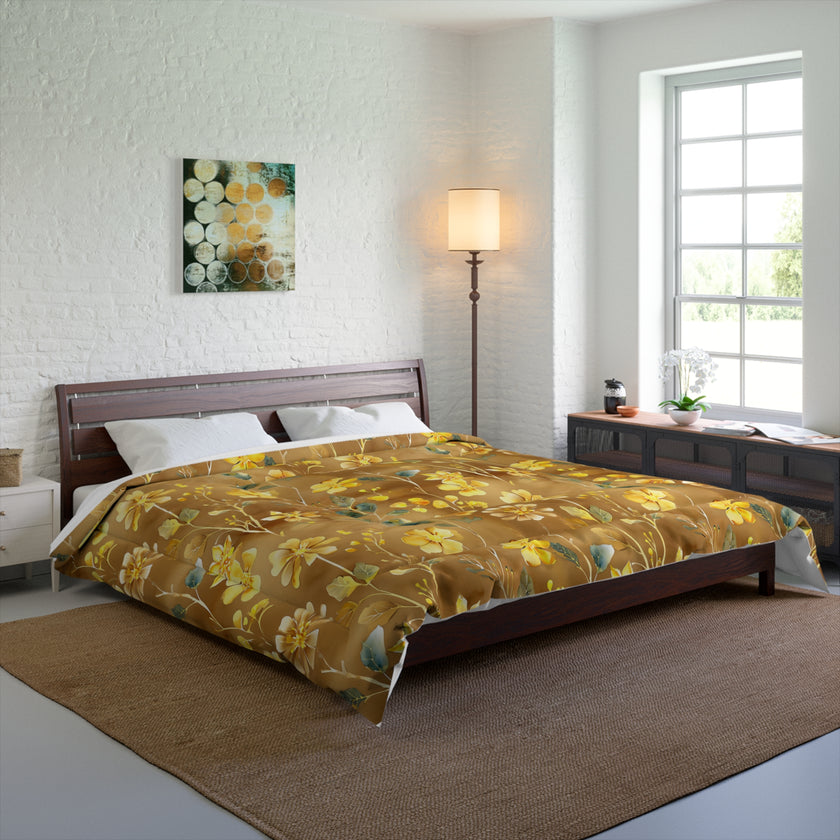 Floral Comforter, Cozy Botanical Quilt for Bedroom, Elegant Bedspread for Spring, Gift for Flower Lovers, Home Decor, Yellow Flower Bedding