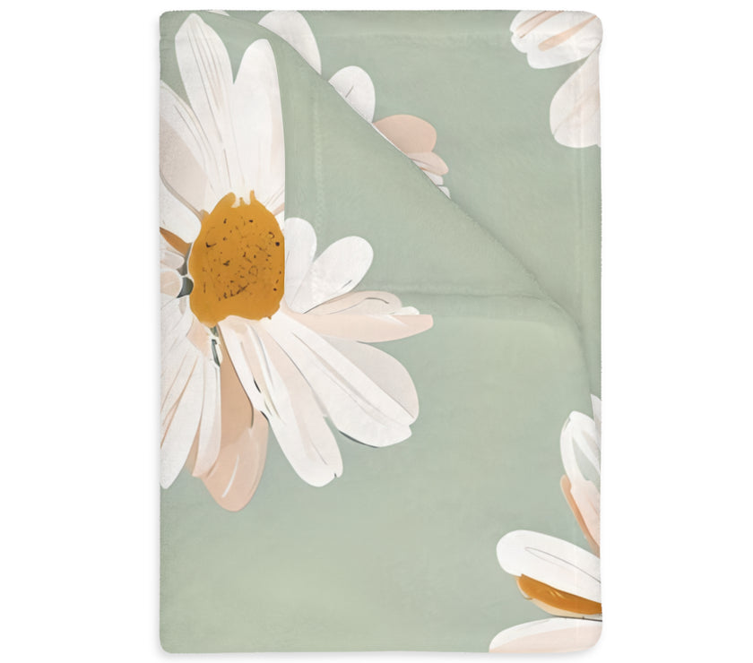Velveteen Microfiber Blanket, White Daisies on Green - Floral Throw, Botanical Home Decor, Cozy Bedding, Gift for Nature Lovers, Double