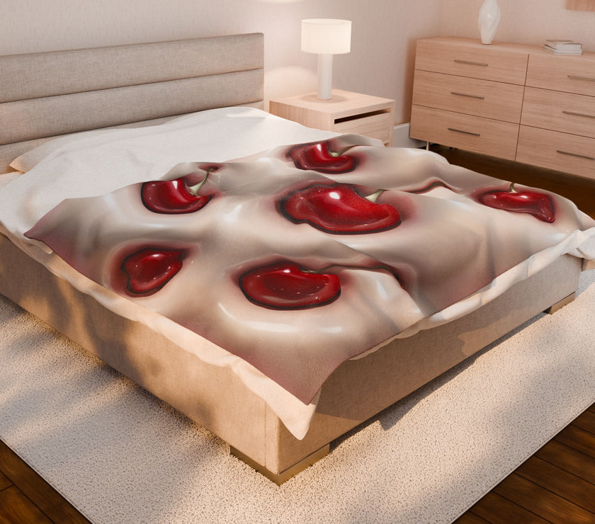 Cherries Plush Blanket, Red Cherry Throw Blanket, Cozy Bedding Decor, Fleece Bedroom Blanket, Cherry Lover Gift, Winter Warm Blanket