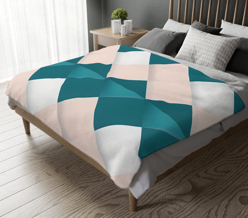 Blue and Pink Grid Velveteen Microfiber Blanket (Two-sided print)