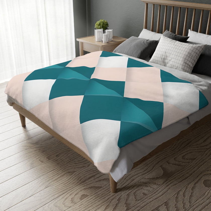 Blue and Pink Grid Velveteen Microfiber Blanket (Two-sided print)