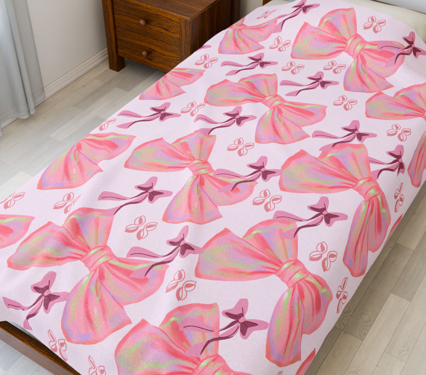 Velveteen Plush Blanket, Cozy Pink Bow Blanket, Soft Fleece Throw, Warm Bedding, Girly Bedroom Decor, Gift for Her