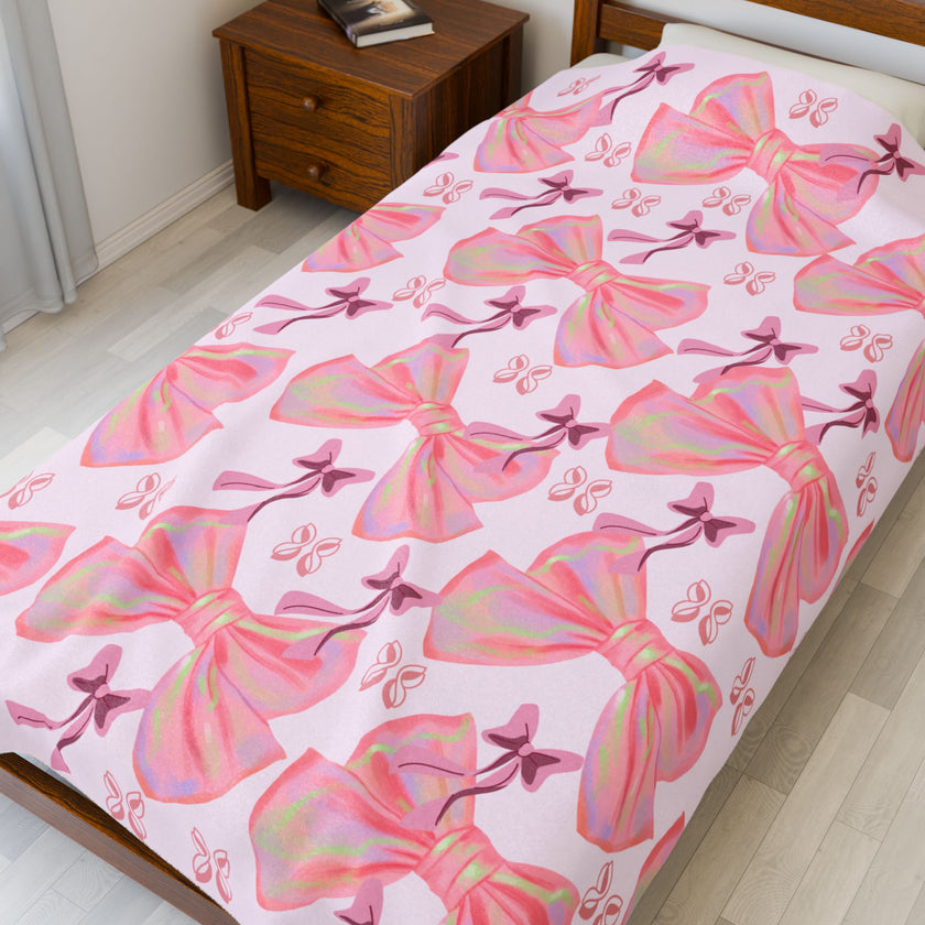 Velveteen Plush Blanket, Cozy Pink Bow Blanket, Soft Fleece Throw, Warm Bedding, Girly Bedroom Decor, Gift for Her