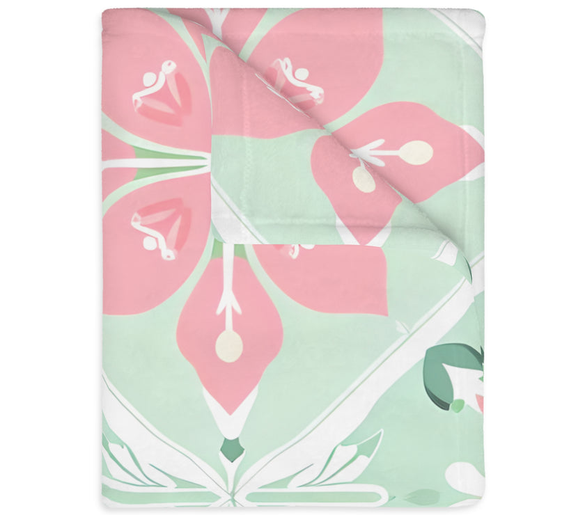 Green Pink Floral Velveteen Microfiber Blanket (Two-sided print)