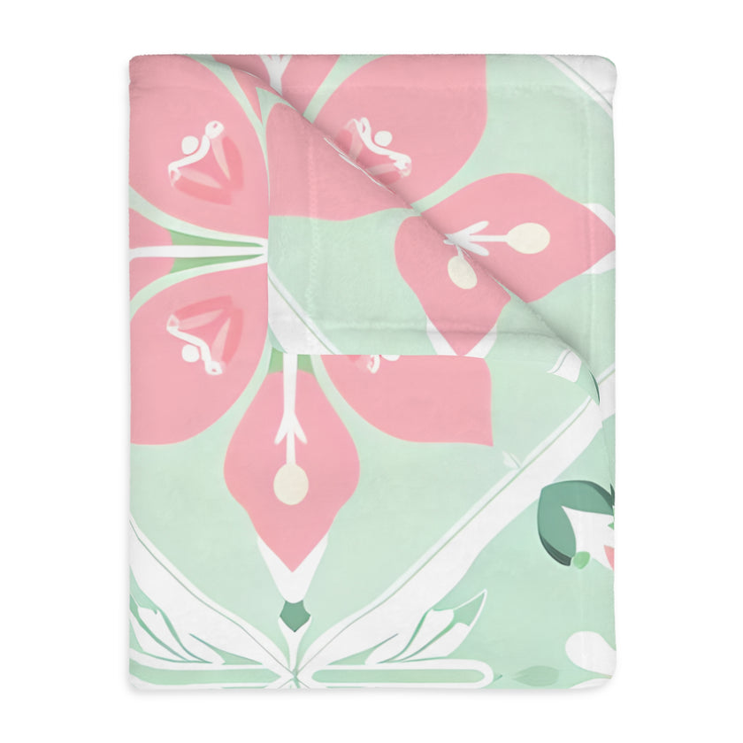 Green Pink Floral Velveteen Microfiber Blanket (Two-sided print)