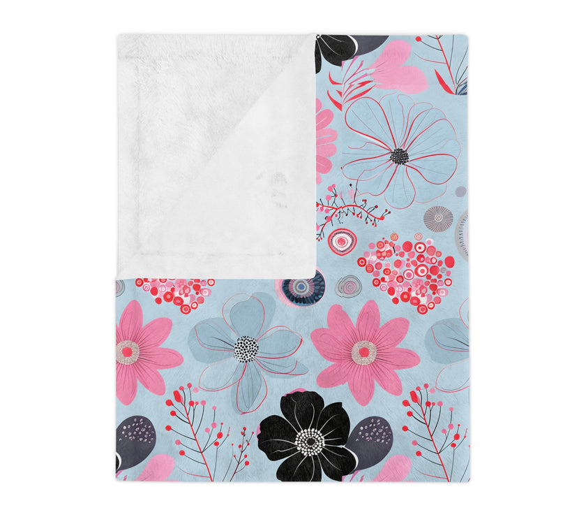 Blue, Pink Floral Velveteen Microfiber Blanket