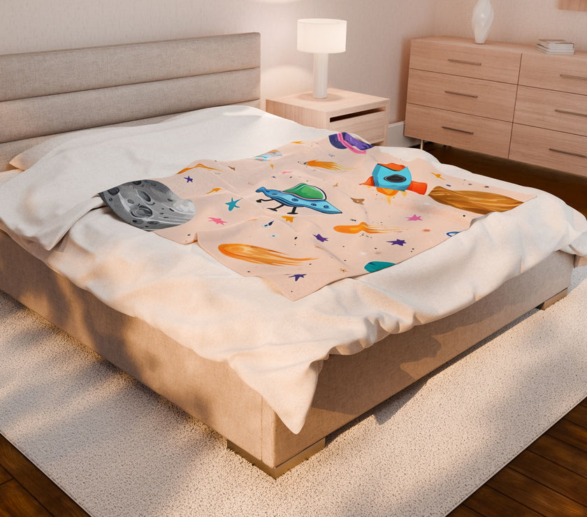 Kids Space Ship Rocket Moon Velveteen Plush Blanket - Children's Bedroom Decor, Outer Space Theme, Galaxy Nursery Bedding, Celestial Throw
