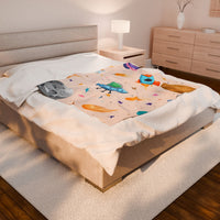Kids Space Ship Rocket Moon Velveteen Plush Blanket - Children's Bedroom Decor, Outer Space Theme, Galaxy Nursery Bedding, Celestial Throw