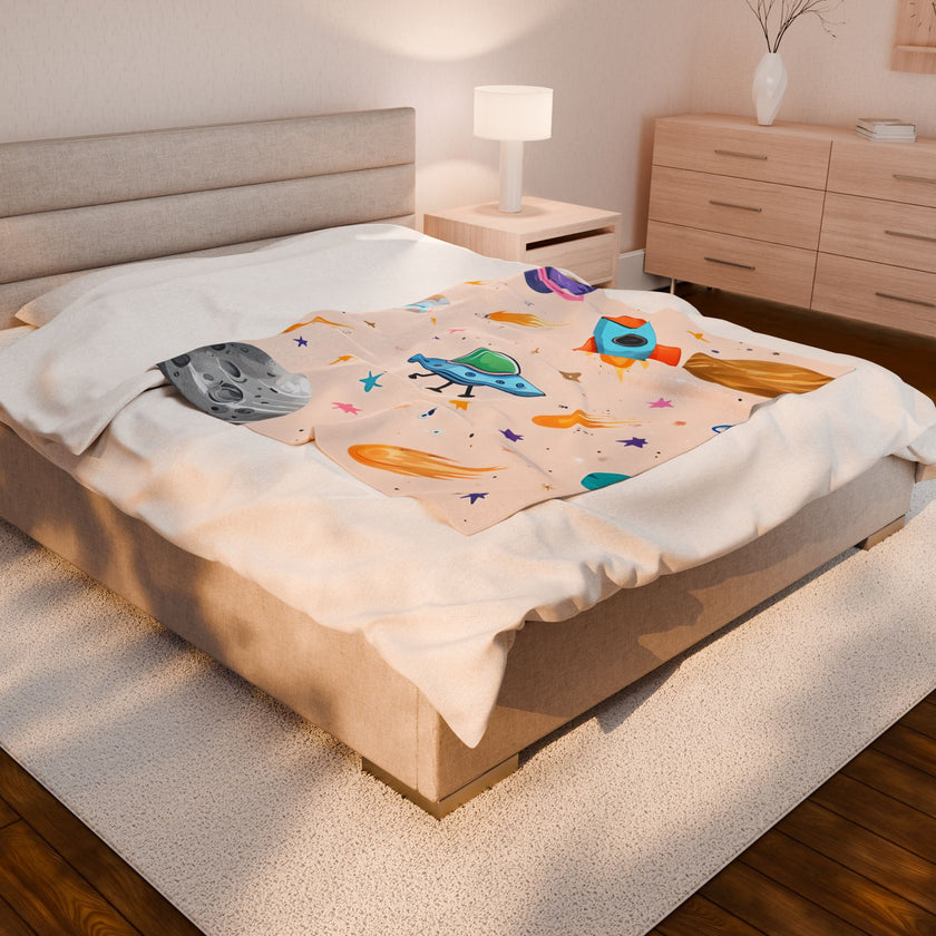 Kids Space Ship Rocket Moon Velveteen Plush Blanket - Children's Bedroom Decor, Outer Space Theme, Galaxy Nursery Bedding, Celestial Throw