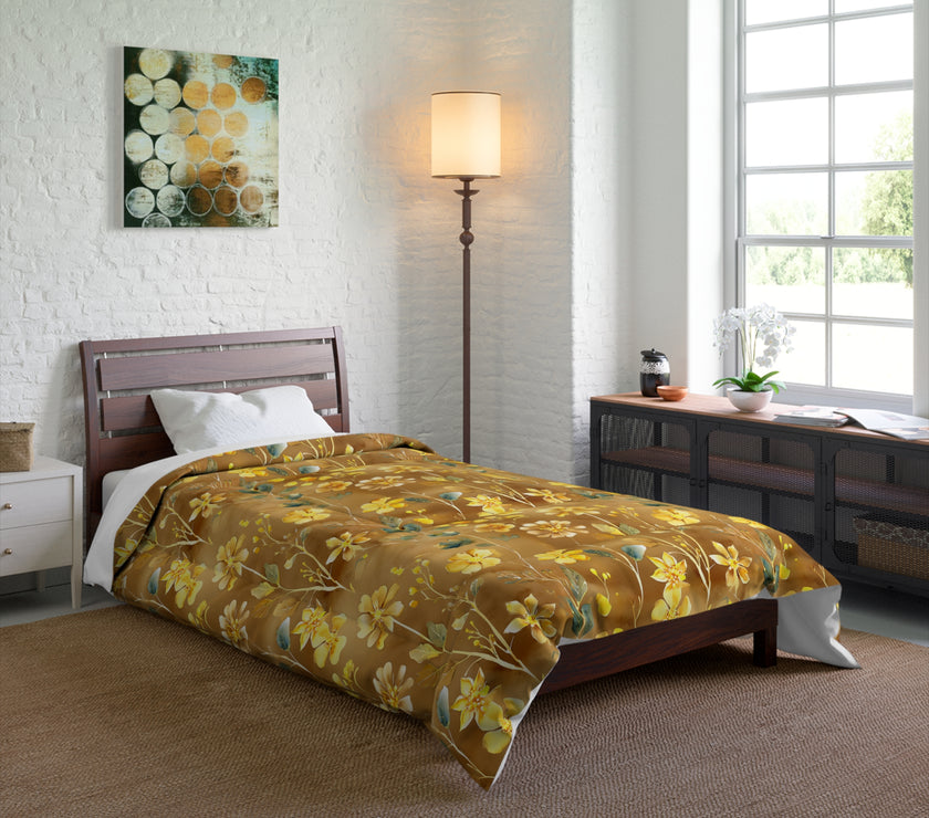 Floral Comforter, Cozy Botanical Quilt for Bedroom, Elegant Bedspread for Spring, Gift for Flower Lovers, Home Decor, Yellow Flower Bedding