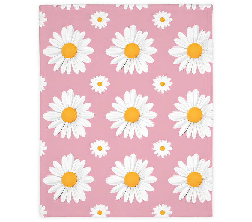 Pink White Daisey Velveteen Microfiber Blanket (Two-sided print)