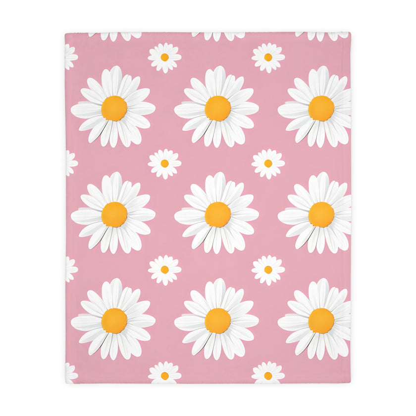Pink White Daisey Velveteen Microfiber Blanket (Two-sided print)