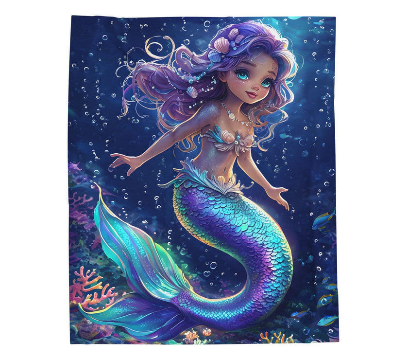 Mermaid Velveteen Plush Blanket, Cozy Throw for Kids, Nautical Decor, Gift for Birthdays, Under the Sea Theme, Soft Blanket
