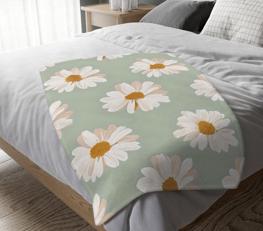Velveteen Microfiber Blanket, White Daisies on Green - Floral Throw, Botanical Home Decor, Cozy Bedding, Gift for Nature Lovers, Double