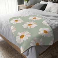 Velveteen Microfiber Blanket, White Daisies on Green - Floral Throw, Botanical Home Decor, Cozy Bedding, Gift for Nature Lovers, Double