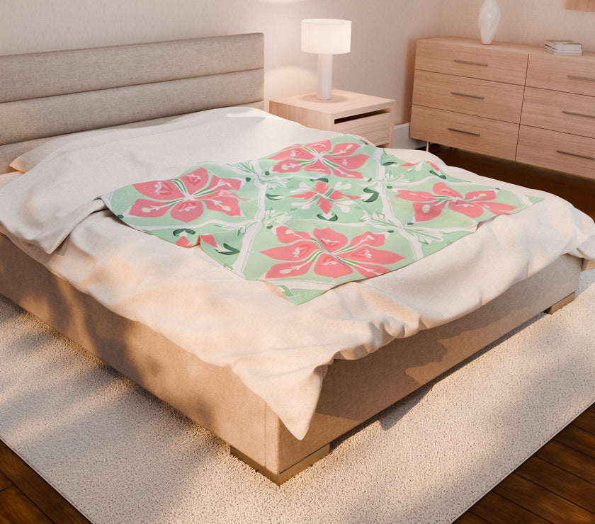 Velveteen Plush Blanket - Green Pink Floral Soft Throw, Cozy Bedding, Botanical Home Decor, Flower Print Lap Quilt, Floral Pattern Couch
