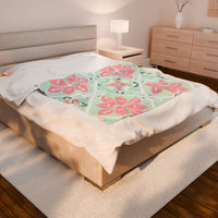 Velveteen Plush Blanket - Green Pink Floral Soft Throw, Cozy Bedding, Botanical Home Decor, Flower Print Lap Quilt, Floral Pattern Couch
