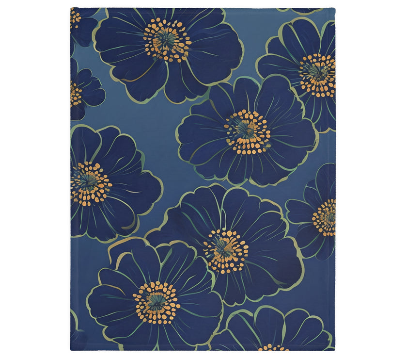 Blanket, Cozy Velveteen Microfiber Two-Sided Print Blue Floral Design - Throw, Bedding, Home Decor, Living Room Accent, Gift Idea
