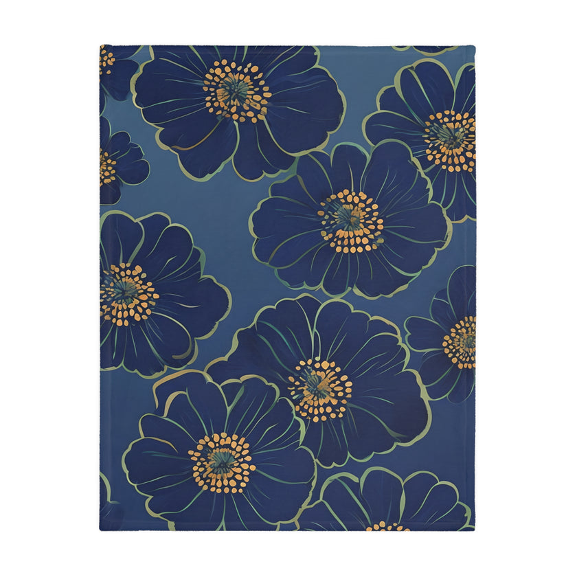 Blanket, Cozy Velveteen Microfiber Two-Sided Print Blue Floral Design - Throw, Bedding, Home Decor, Living Room Accent, Gift Idea