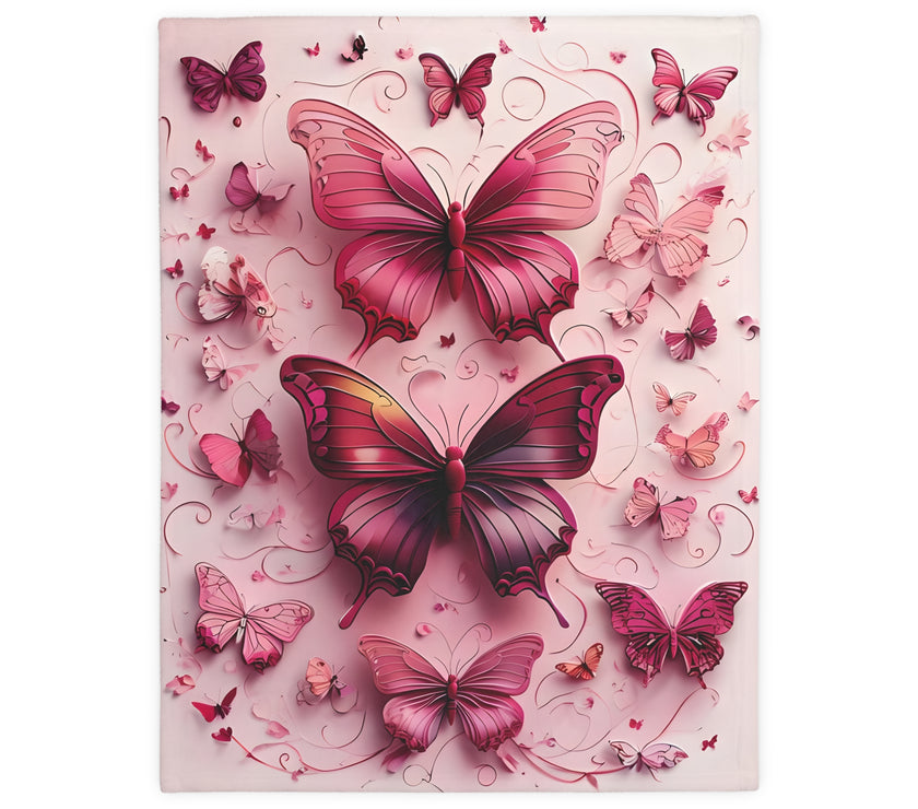 Pink Butterfly  Velveteen Microfiber Blanket (Two-sided print)