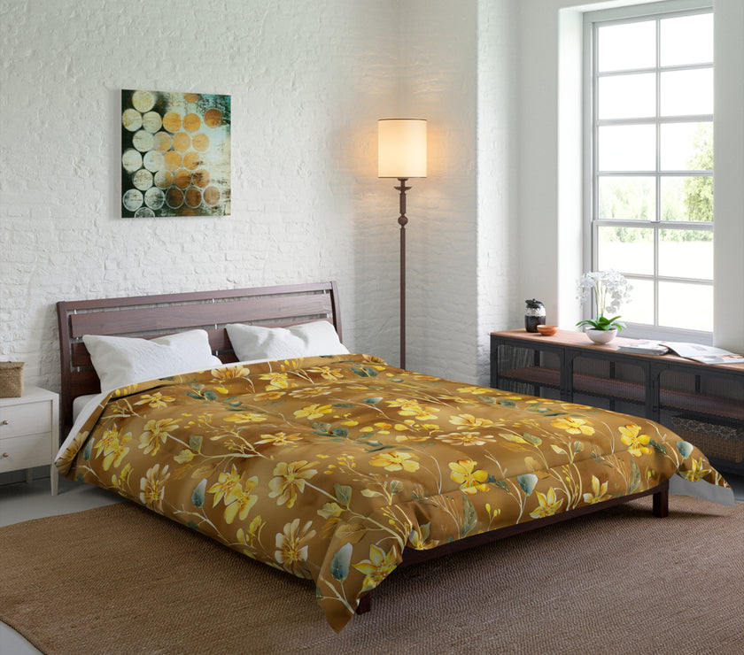 Floral Comforter, Cozy Botanical Quilt for Bedroom, Elegant Bedspread for Spring, Gift for Flower Lovers, Home Decor, Yellow Flower Bedding